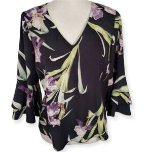 CAROLINA BELLE BLACK AND PURPLE IRIS PRINT BLOUSE SZ.S EUC.